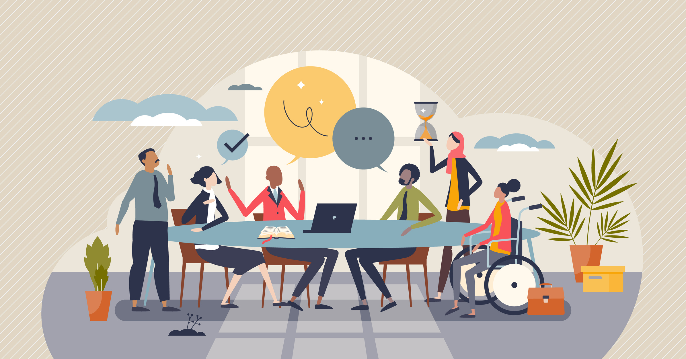 graphic of diverse individuals around a meeting table